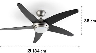 Вентилятор стельовий Klarstein Bolero 134 см з підсвічуванням, 55W, дерев'яні лопаті, пульт, 50 dB, 3 швидкості (Чорний)