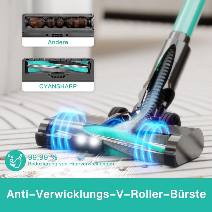 Бездротовий акумуляторний пилосос 28KPa з LED-дисплеєм, антизаплутана щітка, змінний акумулятор, вертикальний пилосос для твердих поверхонь, килимів та шерсті тварин (зелений)