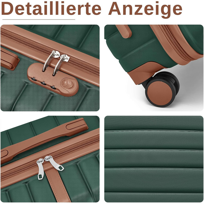 Чемодан KONO Reisekoffer Trolley 3-частинний з ABS+PC, жорсткий, з подвійними колесами та кодовим замком (великий 76 см, темно-зелений/коричневий)