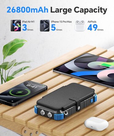 Powerbank Solar 26800mAh з USB-C, 5 виходів, водонепроникний, з карабіном та ліхтариком, для кемпінгу, телефонів та планшетів (блакитний)