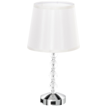 HOMCOM Table Lamp LED Desk Lamp USB Rechargeable, Crystal Nightstand Lamp, Lamp Base E27, for Living Room Bedroom, Glass, Silver 23 x 23 x 45 cm | Aosom