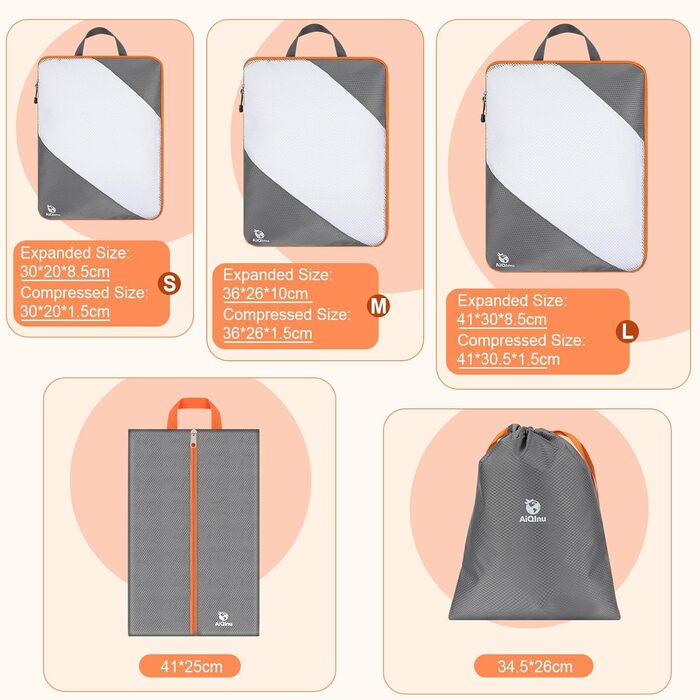 Органайзери для валізи AiQInu Compression Packing Cubes, 5 шт., сірі - компресійні пакети для подорожей, чохол для взуття та білизни, ультралегкі, розширювані