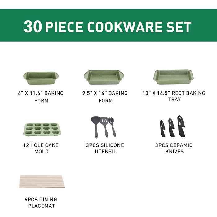 Kitchen Academy 30-Piece Induction Cookware Set with Glass Lids and Granite Coating, including Frying Pans and Pots (Green)