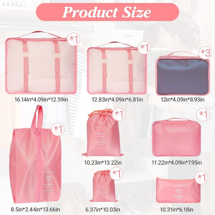 Органайзер для валізи Zorplex, набір 10 шт: кубики для пакування, аксесуари для подорожей, сумочки для одягу, взуття та косметики (рожевий)