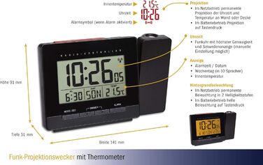 TFA Dostmann Projection Alarm Clock, Radio-Digital Alarm Clock with Projection, 60.5016, with Temperature Display, Snooze, Multi-Language Weekday, Adjustable Display Illumination, Black
