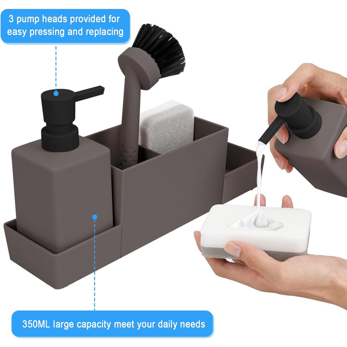 CAUTIOUS 350ML Sink Organizer with Brush, Soap Dispenser Sponge, Kitchen Dish Soap Dispenser Set Made of Plastic, Sink Organizer with Two Soap Dispensers, Kitchen Gadget Organizer (brown)