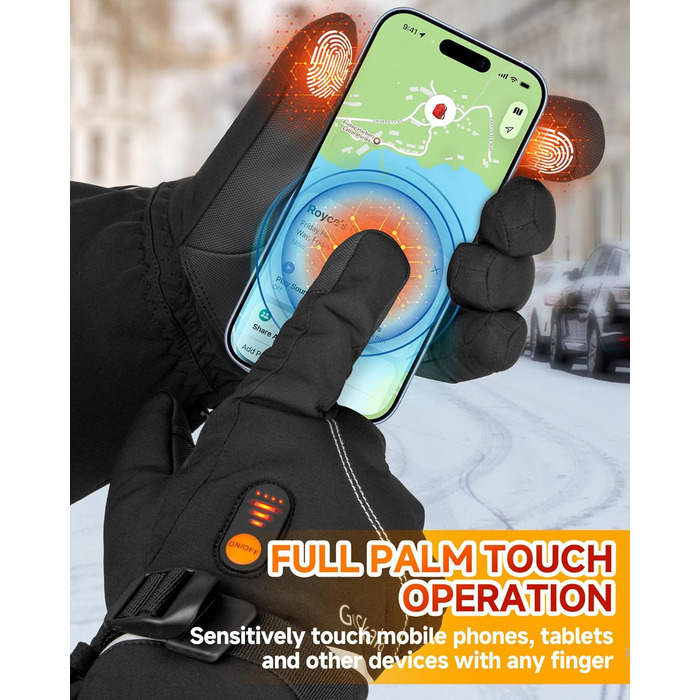 Електричні гріючі рукавички для жінок та чоловіків, зимові рукавички з підігрівом, чорні, з акумулятором 7.4V 6000mAh, 3 режими нагріву, сенсорний екран, водонепроникні