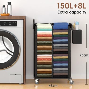 Bomclap Laundry Basket with Wheels, 150L Large Laundry Collector with an 8L Storage Basket, 2-Piece Metal Frame Laundry Basket with Handle for Laundry Room, Dorm, Bathroom, Bedroom, Black