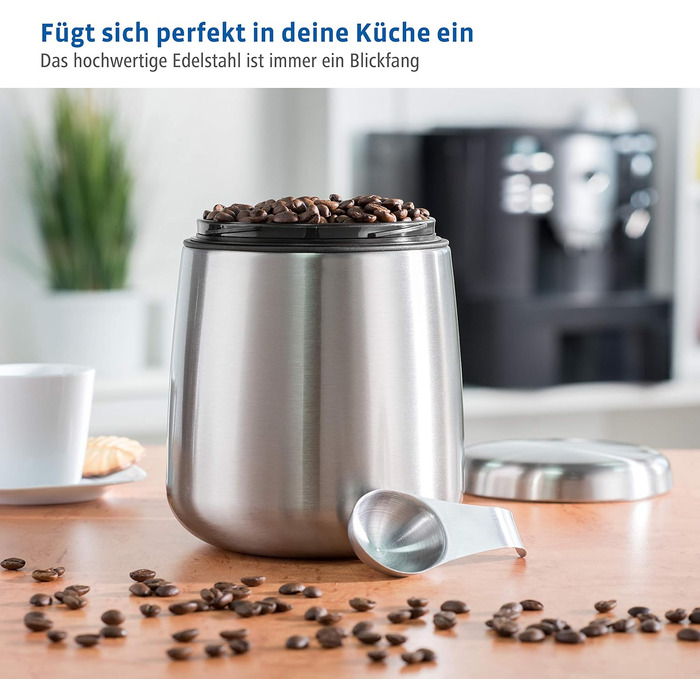 Stainless Steel Coffee Canister 500g (airtight stainless steel canister including magnetic measuring spoon in the lid, anti-fingerprint coffee container, coffee box for storing 500g of ground coffee/beans) silver