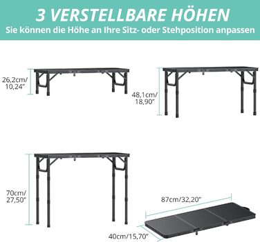 VINTEAM Складаний туристичний стіл 87x40 см, 3-х рівневий, регульована висота, алюміній, для кемпінгу, барбекю, пікніка, саду. MDF