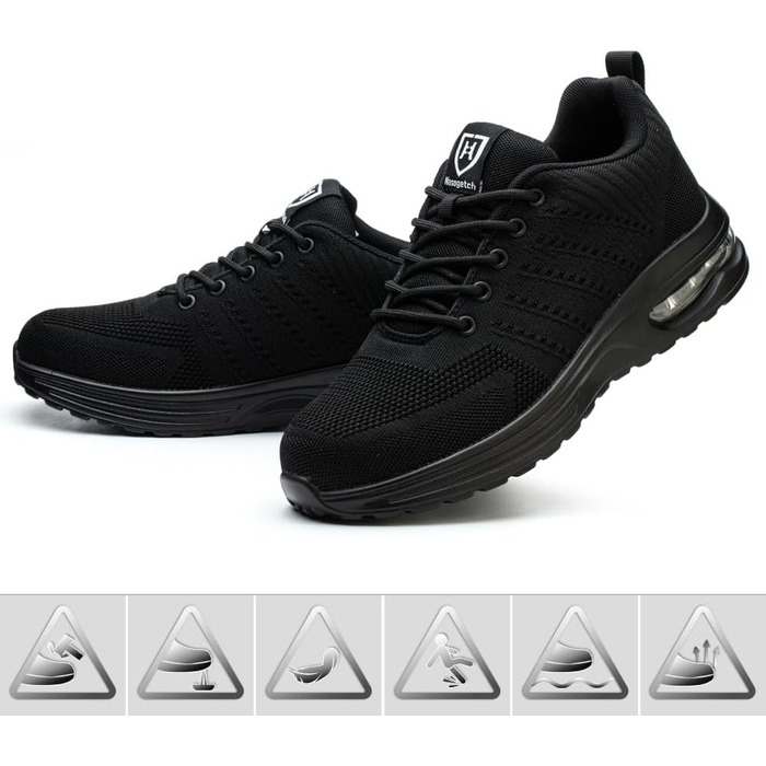 Легкі робочі черевики для чоловіків та жінок. Безпечні, спортивні, з металевим носком. Дихаючі робочі черевики, чорного кольору, розмір 42 EU.