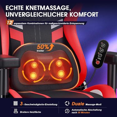 Ігровий крісло Douxlife з функцією масажу та підігрівом, ергономічний офісний крісло з підставкою для ніг, регулювання 90°-175°, м'які 2D підлокітники, геймерське крісло для ПК, 181 кг, (Червоний)