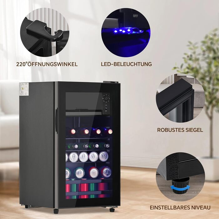 Холодильник для напоїв DRIXNO 76L з морозильною камерою, для льоду, вміщує 51 банку лімонаду, води, пива або вина. Компактний холодильник з скляними дверцятами, тиха робота, енергоефективний, чорний