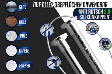 Штанга для душу без свердління 160-210 см, срібна, Ø 32 мм, телескопічна, з кріпленнями - для ванни, дверей, шафи. Нержавіюча сталь