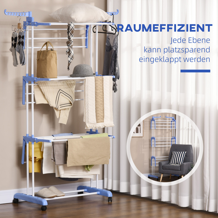 HOMCOM Clothes Dryer Rotary Clothes Airer 73 x 64 x 177cm Extendable with Wheels 4 Levels for Indoor and Outdoor Use Steel Blue