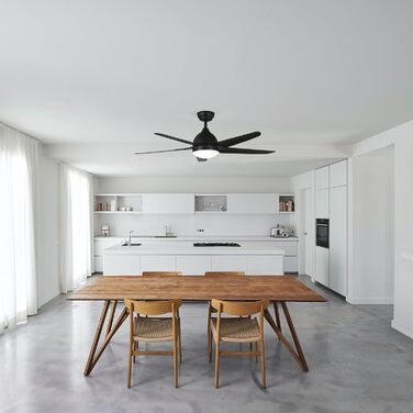 Стеляний вентилятор FINXIN з LED-лампою 132/122 см для спальні, вітальні, їдальні. Включає мотор, пульт керування (5 лопатей, чорний)