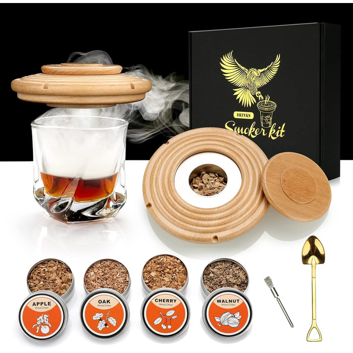 Dad's Gift Christmas, Cocktail Smoker Kit, Whiskey Stones, Torch Lighter, Old Fashioned Whiskey Smoker Drinks Kit, Cocktail Accessories For Drinks, Bourbon Walnut (Butane Not Included) (Beech)