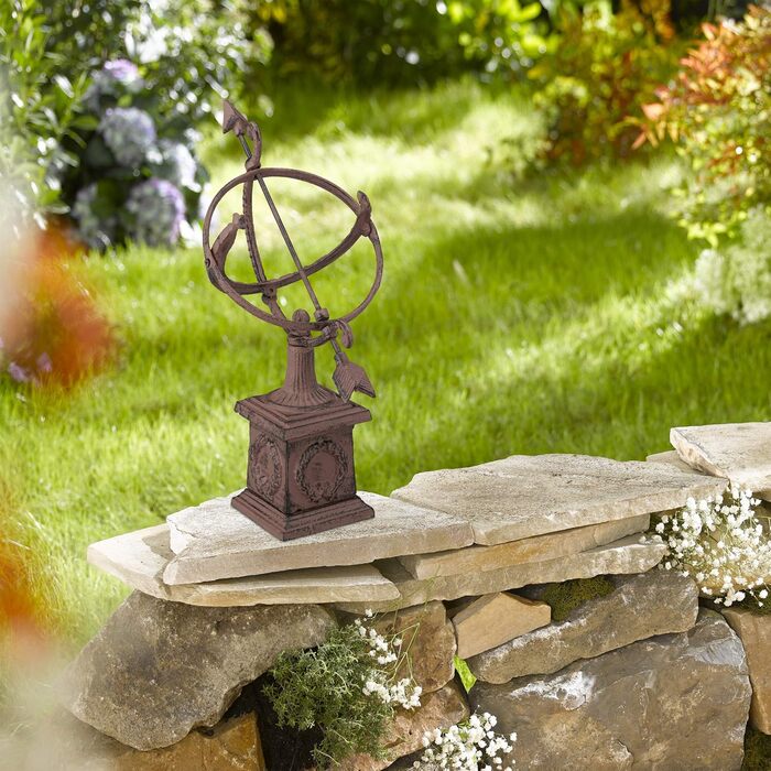 Relaxdays Sundial, cast iron, antique design, weather-resistant, garden decoration, H x W x D: approx. 36 x 17 x 14 cm, brown