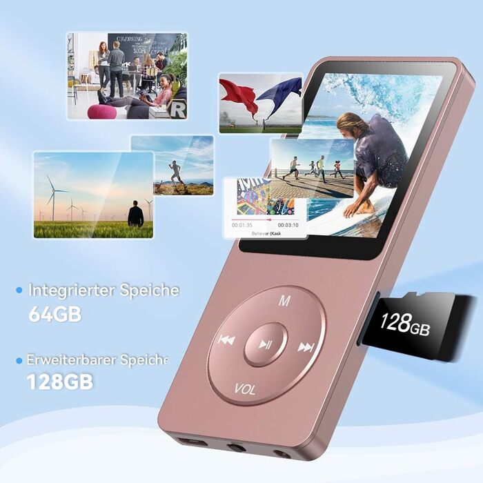 MP3 плеєр AGPTEK 64GB HiFi музичний плеєр з часом роботи до 70 годин, підтримка карт пам'яті до 128 ГБ, легкий та компактний, рожевий