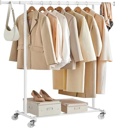 SONGMICS Вішалка для одягу на колесах, важкий, висувна штанга, до 100 кг, білий HSR013W01