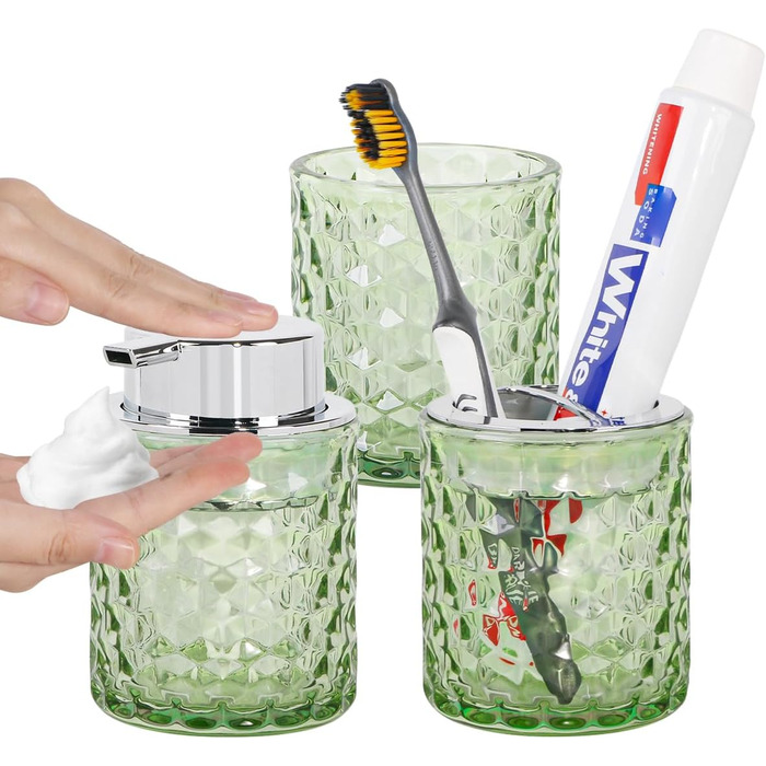 Pink bathroom accessory set made of glass, including a toothbrush holder, soap dispenser, and cup, a foaming soap dispenser, and a toothbrush holder, 3 pink bathroom cups for brush and toothpaste (green and silver).