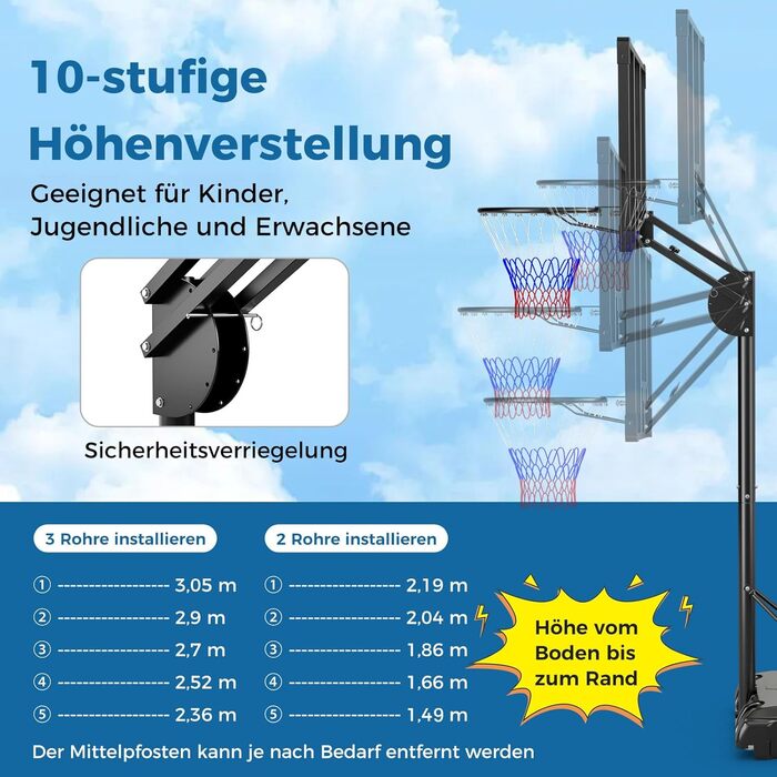 COSTWAY Adjustable Height Basketball Hoop System - Outdoor Mobile Basketball Stand with Wheels & Weight Bag (149-305cm)