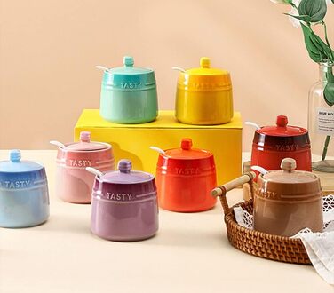 Colorful Ceramic Spice Jar, Spice Container, Sugar Bowl with Lid and Spoon - Red