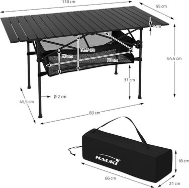 Стіл для кемпінгу Hauki Braun, розкладний, 118 x 55 x 64,5 см, алюмінієвий, з рулоючою стільницею, для відпочинку на природі, саду, балкону, подорожей, ринку, з сумкою