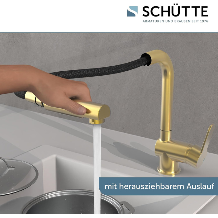 Кухонний змішувач SCHÜTTE LONDON з висувною лійкою, поворотний на 360°, з однорідним змішувачем, для мийки, золотий, 29,8 см (високий тиск)