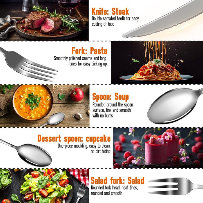 Набір столових приборів на 8 осіб, 40 предметів: ножі, виделки, ложки. Виготовлений з нержавіючої сталі, дзеркально відполірований, придатний для миття в посудомийній машині. Сріблястий колір.