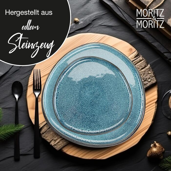 Moritz & Moritz ORGANIC Набір посуду 18 предметів на 6 осіб, блакитний - Елегантний набір тарілок з якізного порцелянового каменю. Включає: 6 великих тарілок, 6 десертних тарілок, 6 супових тарілок.
