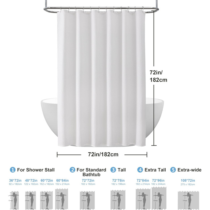 Штора для ванної кімнати Waffel з кільцями, 182x182 см, біла - водовідштовхувальна, анти-грибок