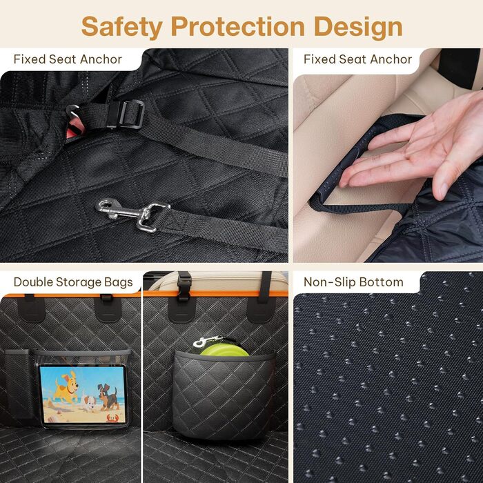 Плед для собак Pecute, захист заднього сидіння авто, підтримка жорстких поверхонь до 150 кг, покриває все заднє сидіння, для подорожей, ветеринара, авто/SUV/пікапи, чорний/оранжевий