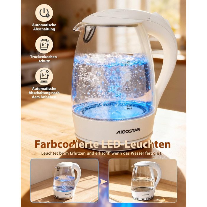 Електричний чайник Aigostar 1.7 л, 2200 Вт, зі скляною колбою, LED-підсвічуванням, без BPA, з фільтром від накипу, чорний (Eve)
