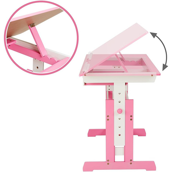 tectake® Adjustable Height Kids Desk with Tilting Tabletop & Storage Drawer - Pink | 400926