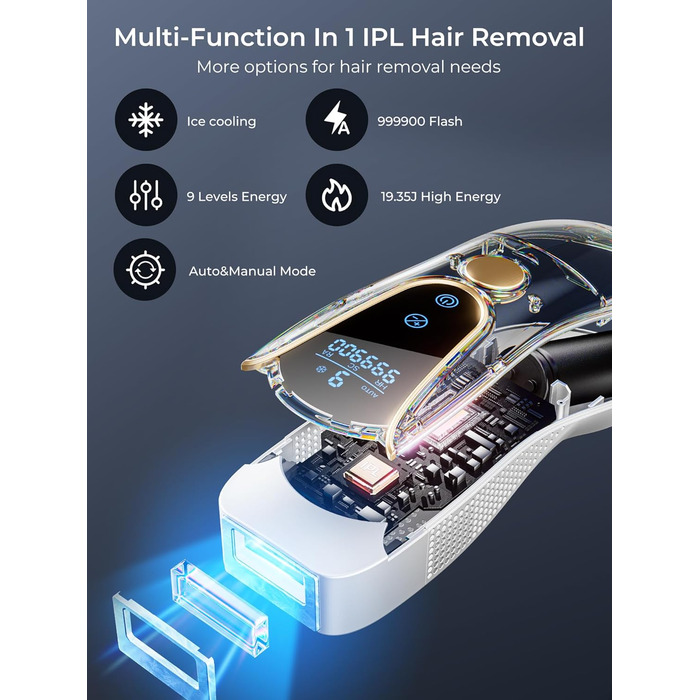 Пристрій для епіляції IPL Laser - безболісна епіляція з охолодженням, 3 функції, 9 рівнів, 600 нм, для жінок та чоловіків, для тіла, бікіні, ніг, пахв, білий