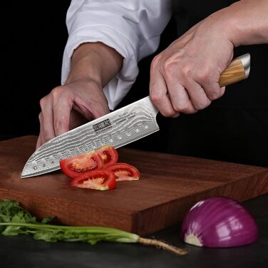 Японський ніж Santoku HOSHANHO з дамаської сталі, 18 см - гострий кухонний ніж з ергономічною ручкою, 67 шарів, у подарунковій коробці