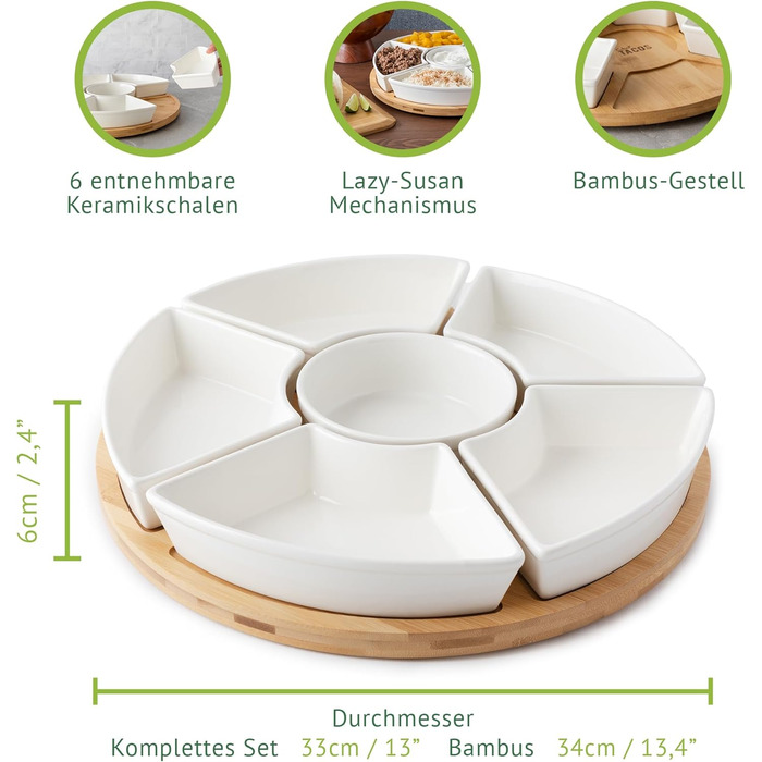 Ceramic Taco Serving Platter - Divided Serving Tray for Taco Tuesday Lazy Susan Taco Bar - Chip and Dip Serving Set for Party - Appetizer Serving Tray for Salsa, Snacks (33 cm)