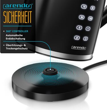 Електричний чайник Arendo з регулюванням температури, нержавіюча сталь, подвійні стінки Cool Touch, дисплей, бездротовий, 2200 Вт, 1,7 л, захист від перегріву, функція підтримання тепла, чорний