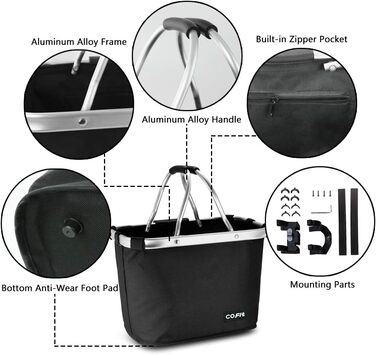 Складаний велосипедний кошик COFIT, знімний багатоцільовий кошик для велосипеда, для тварин, покупок, поїздок, кемпінгу та відпочинку на природі (Чорний)