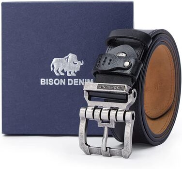 Чоловічий шкіряний ремінь BISON DENIM з надійною пряжкою: класичний, міцний, для джинсів. Довжина 115 см, підходить для об'єму талії 36-39 дюймів.