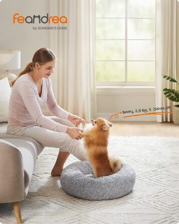 Кругле ліжко для собак та котів Feandrea з м'яким плюшем, діаметр 60 см, сірий колір, знімний наповнювач, 60 x 60 x 20 см