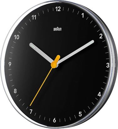 Braun Classic Analog Wall Clock with Silent Quartz Movement, Easy to Read, 23 cm Diameter in Black, Model BC26B.