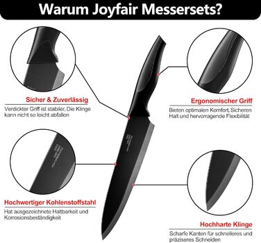 Набір ножів Joyfair 15 предметів з підставкою, з високоякісної нержавіючої сталі, з точильним каменем, кухонний набір з кухонним ножем, ножем для хліба, ножицями та ножами для нарізки та подрібнення, чорний