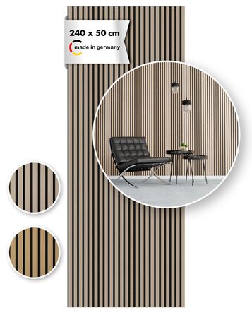 Акустична панель Momento з натурального дуба 240x50 см, 3D ламелі для шумоізоляції стін, колір дуб натуральний, чорний фліс (Made in Germany)