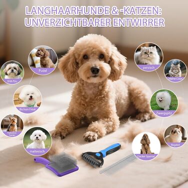 Набір гребінців для собак та котів зі щіткою Slicker, 3 шт. з дерев'яною ручкою, гребінь для підшерстка та гребінь з нержавіючої сталі – для довгошерстих порід (золотистий ретривер, австралійська вівчарка) – фіолетовий