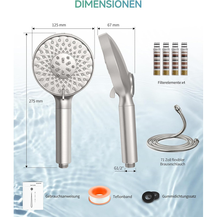 Душова лійка SR SUN RISE з фільтром, шлангом та картриджами, 9 функцій, високий тиск, для жорсткої води, видаляє хлор, важкі метали, бактерії.