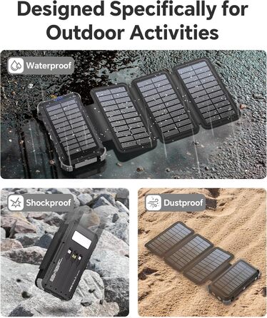 Сонячний Power Bank 26800mAh з 5 виходами USB та USB-C, водонепроникний, з ліхтариком та карабіном, для кемпінгу та зарядки телефонів/планшетів (сірий)