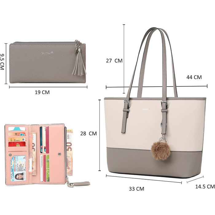Сумка жіноча TANTOMI з гаманцем: велика сумка для офісу, школи, покупок, сіро-бежева з пензликами та пухнастим брелоком