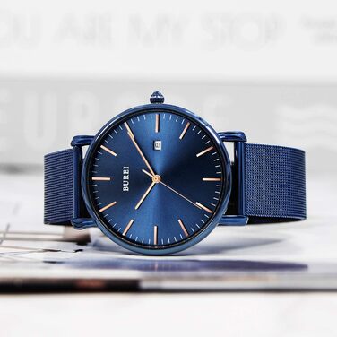 Годинник чоловічий BUREI, мінімалістичний, кварцовий, водонепроникний, ультратонкий. Чоловічий подарунок. (Цілком синій)